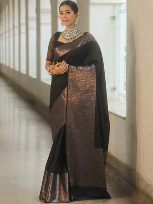 HouseOfCommon Woven Kanjivaram Art Silk, Pure Silk Saree(Black, Multicolor)