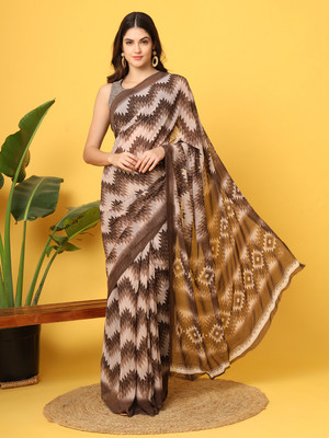 VIBHAGYAA Printed, Geometric Print Daily Wear Chiffon Saree(Brown)
