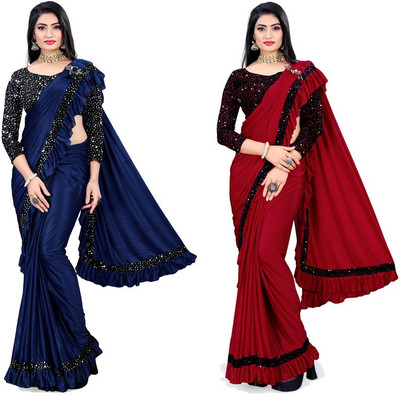 HARIOM FASHION Woven, Embellished, Solid/Plain Bollywood Lycra Blend Saree(Pack of 2, Multicolor)