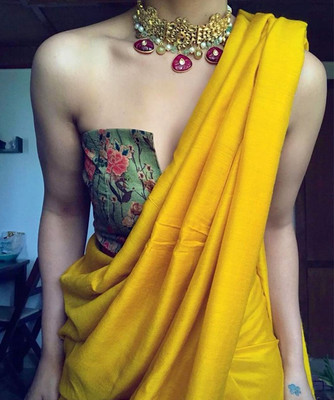 maadurga Solid/Plain Handloom Cotton Blend Saree(Yellow)