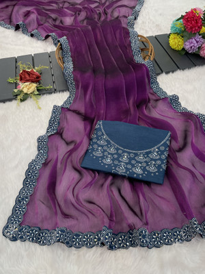 HouseOfCommon Embellished, Solid/Plain Bollywood Silk Blend Saree(Purple)