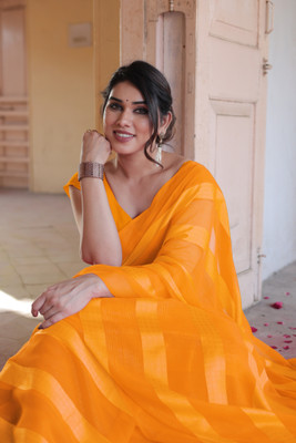 MIRCHI FASHION Solid/Plain Bollywood Georgette Saree(Yellow)