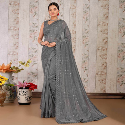 Online Bazaaar Embellished Bollywood Lycra Blend Saree(Grey)