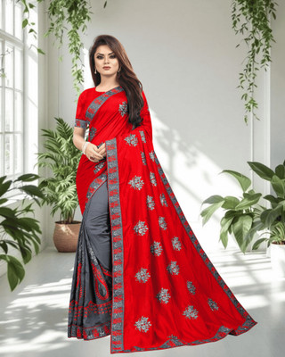 SHOBHTESH Embroidered Venkatagiri Silk Blend, Net Saree(Red, Grey)