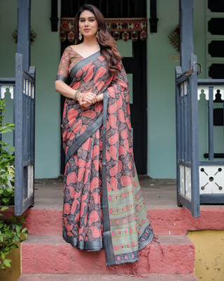 DHAYNAAND REEWA FASHION Digital Print Kalamkari Linen Saree(Multicolor)