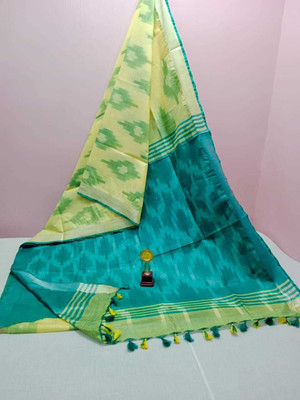 Manikant Handloom Printed Bollywood Cotton Linen Saree(Green, Yellow)