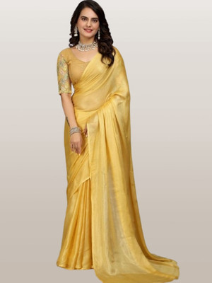 MB Shopee Solid/Plain Bollywood Georgette Saree(Yellow)