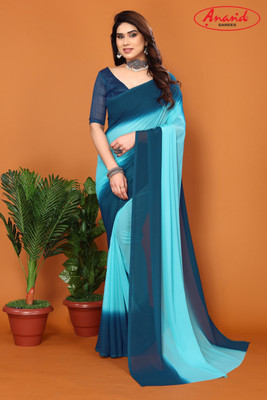 Anand Sarees Ombre, Striped Bollywood Georgette Saree(Dark Blue, Light Blue)