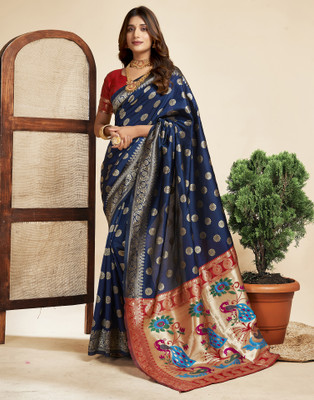 Samah Woven, Embellished, Self Design Paithani Silk Blend Saree(Dark Blue, Red)