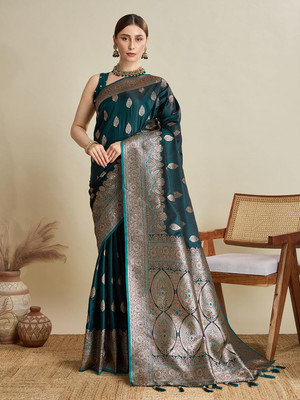 FASHION STROM Woven Bollywood Cotton Silk Saree(Green)