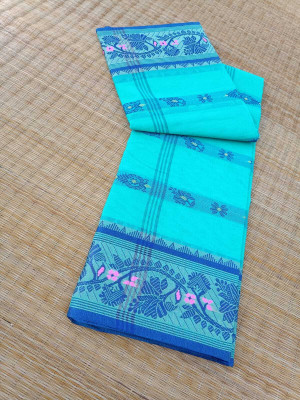 KhayaFashion Woven Tant Pure Cotton Saree(Light Blue)