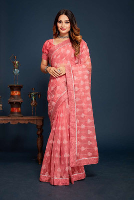 Parmila Fashion Solid/Plain Bollywood Organza Saree(Pink)