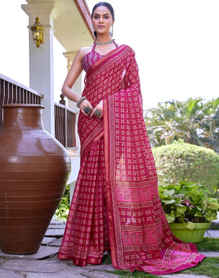 Tasrika Blocked Printed, Printed Daily Wear Pure Cotton Saree(Pink, Beige)