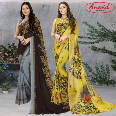 Anand Sarees Floral Print Daily Wear Georgette Saree(Pack of 2, Brown, Grey, Multicolor)