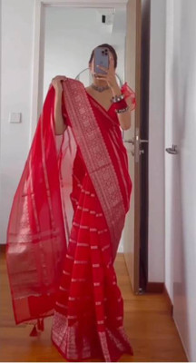 GoVika Self Design Bollywood Organza Saree(Red)