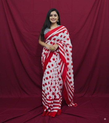 Reet Designer Printed, Geometric Print Daily Wear Cotton Blend Saree(Red, White)