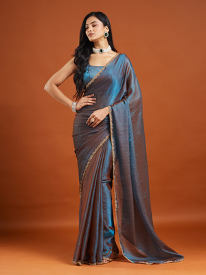 Gyavali Solid/Plain Bollywood Silk Blend, Organza Saree(Dark Blue)