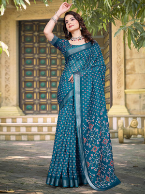 Anouk Rustic Digital Print Chinnalapattu Cotton Linen Saree(Blue)