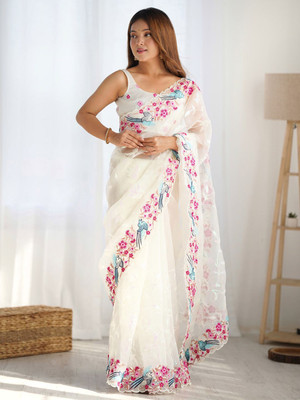 ANOUK Embroidered Bollywood Organza Saree(White)