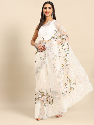 ANOUK Embroidered Saree with Attached Blouse Organza Saree(White)
