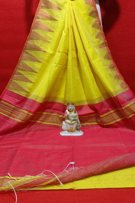 manoramash Temple Border, Self Design Handloom Cotton Silk Saree(Yellow)