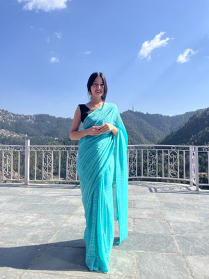 Moda Rapido Embellished, Striped Bollywood Satin Saree(Blue)
