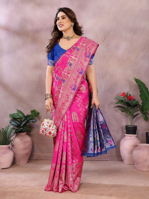 Soor Panchi Embellished Banarasi Cotton Silk Saree(Pink)
