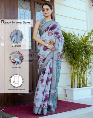 Samah Geometric Print, Woven, Embellished Bollywood Linen Saree(Blue)