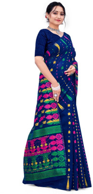 pal saree mahal Self Design Jamdani Cotton Silk Saree(Dark Blue)