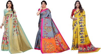 YASHIKA Printed Bhagalpuri Art Silk Saree(Pack of 3, Light Green, Grey, Yellow)