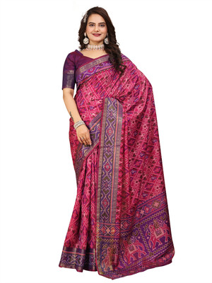 kartavya Printed Patola Silk Blend Saree(Pink)