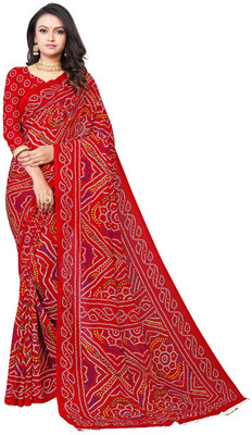 Kanooda Prints Printed Bandhani Georgette Saree(Red)