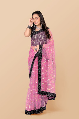 JAY RAMDEV FASHION Embroidered Bollywood Net Saree(Pink)