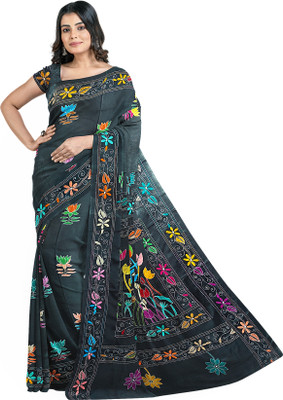 Soul of Bengal Embroidered Kantha Art Silk Saree(Black)