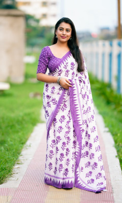 HouseOfCommon Floral Print Bollywood Linen Saree(White, Purple)