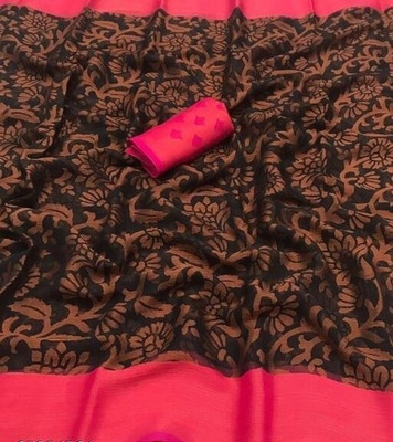 VISIONEMBRO Printed Bollywood Brasso Saree(Black, Pink)