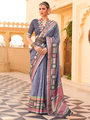 Sareemall Woven Banarasi Silk Blend Saree(Grey)