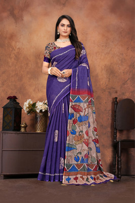 Moda Rapido Printed Bollywood Linen Saree(Blue)