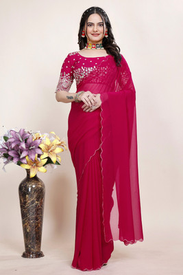 SAADHYA CREATION Embroidered, Solid/Plain Bollywood Georgette Saree(Maroon)