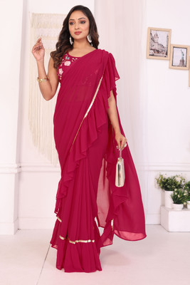 PATLANI STYLE Solid/Plain Pre Draped Saree Georgette Saree(Pink)