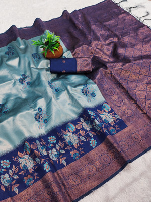AVANTIKA FASHION Woven Kanjivaram Pure Silk, Art Silk Saree(Light Blue, Dark Blue)