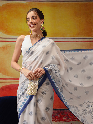 Divastri Printed Bollywood Cotton Silk Saree(White)