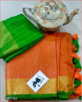 HAIDER ALI AND SONS Solid/Plain Bollywood Cotton Linen Saree(Green, Orange)