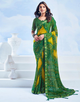 Anmi Printed, Embellished Bandhani Chiffon, Georgette Saree(Green, Multicolor)