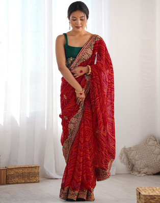 Samah Printed, Embellished Bandhani Georgette, Lace Saree(Red)