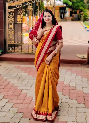 Shadan mart Solid/Plain Sambalpuri Handloom Art Silk Saree(Mustard)
