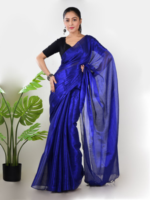 Shaw Creation Solid/Plain Handloom Handloom Tissue Saree(Blue)