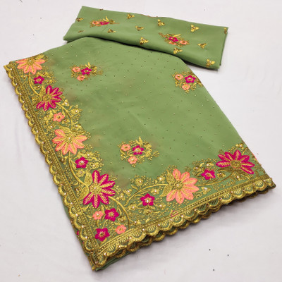 MIYANIFAB Embroidered Bollywood Georgette Saree(Light Green)