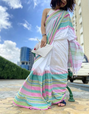 Abharani Saree Kuthir Woven Handloom Handloom Pure Cotton Saree(White)