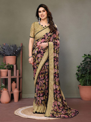 Hensi sarees shop Floral Print Bandhani Chiffon, Georgette Saree(Beige)
